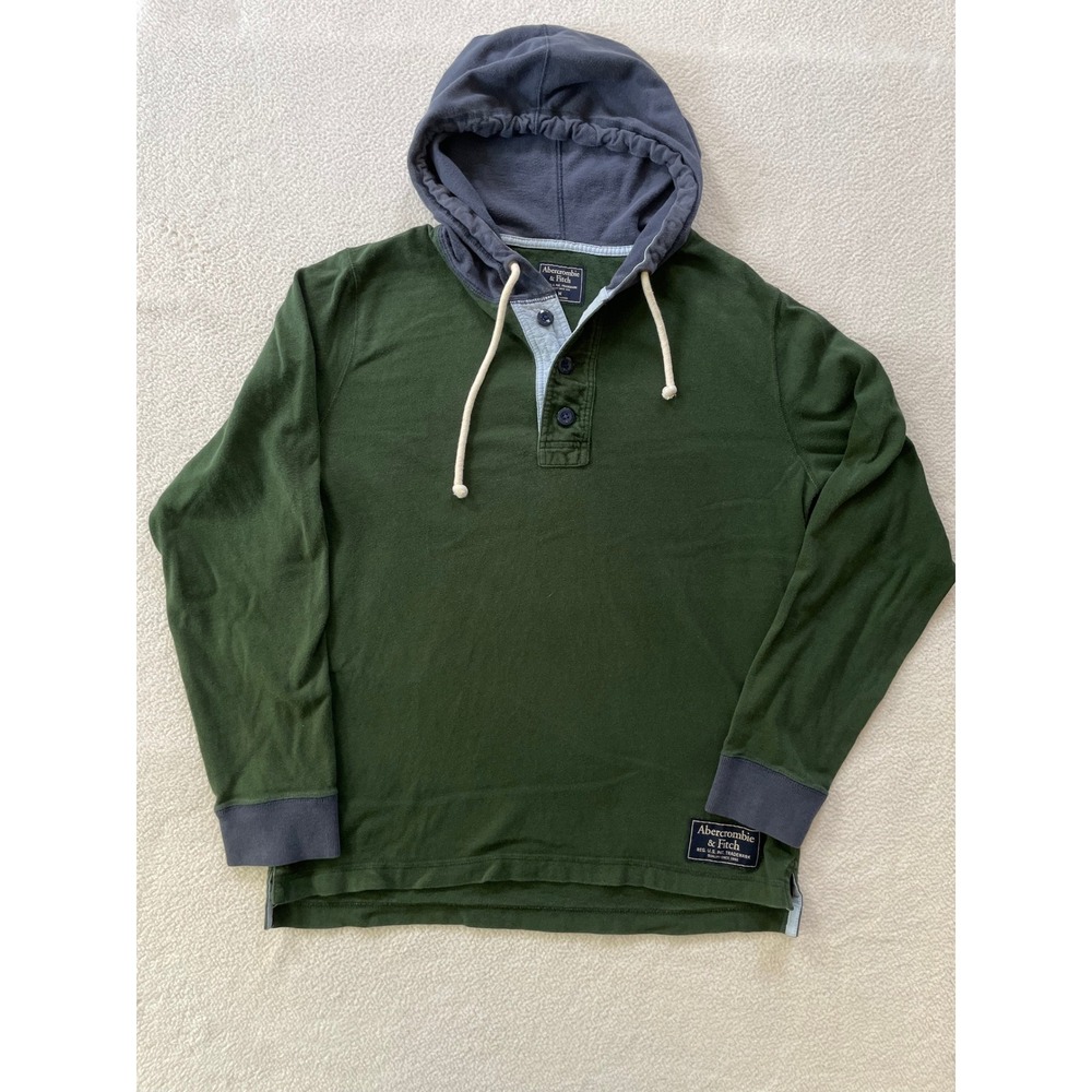 Y2k Abercrombie Mens Medium Hooded Henley Shirt Green Navy Blue‎ Colorblock